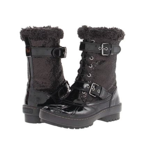 Sperry Top-Sider Alpine Glitter Fur Combat Boots Black 8M Streetwear Luxe - Picture 3 of 11